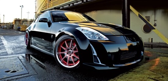 A black car with a body kit.

