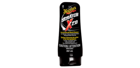 A black squeeze bottle of Meguiar's® ScratchX™ 2.0 Cleaner.