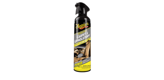 A black spray bottle of Meguair's® Carpet and Upholstery Cleaner.